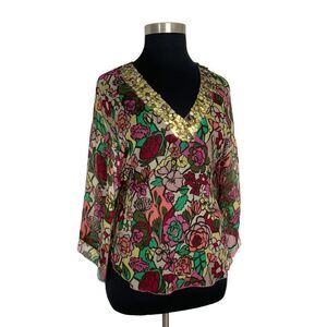 Tom K Nguyen L Multi-Color Floral Silk Top Sheer Sequin Y2K VTG Boho Art To Wear